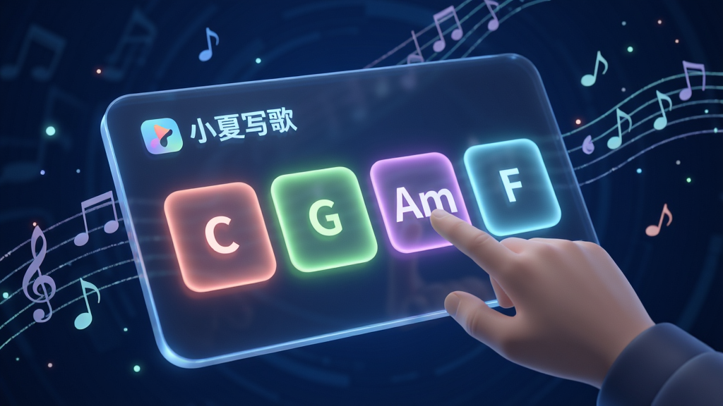 画面主体是一个发光的智能和弦推荐面板,面板上显示着“小夏写歌”的Logo和动态的和弦名称如C、G、Am、F。一只手正在点击屏幕上的和弦方块,每个方块发出不同颜色的光晕。背景是深蓝色的科技感音乐空间,漂浮着五线谱和音符粒子。风格为3D渲染科技风,细节精致,光影柔和,画质高清,干净无杂物。