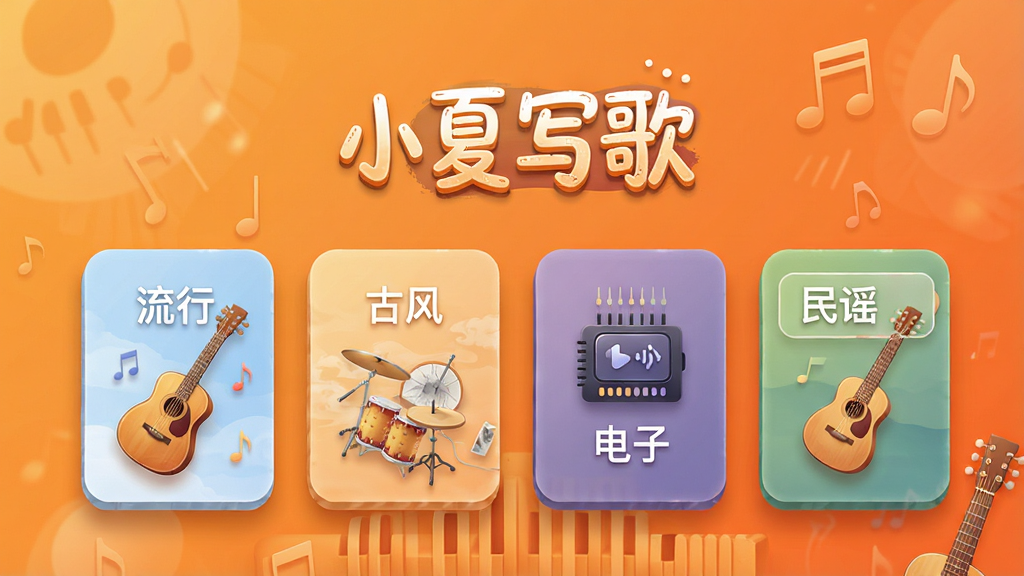 画面是一个音乐风格选择界面,屏幕上方显示“小夏写歌”,下方排列着多个风格卡片,卡片上分别写着“流行”“古风”“电子”“民谣”,每张卡片配有对应的乐器图标。背景是温暖的橙色渐变,卡片带有轻微的立体阴影。风格为现代UI展示图,细节精致,画质清晰,干净整洁。