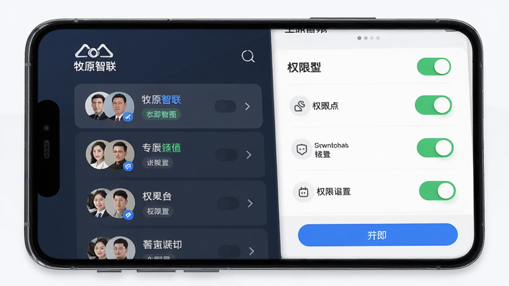 ��ͼ��ʾ�ʣ�����չʾ����ԭ������APP�ƶ��칫���棬�ֻ���Ļ��ʾ��ͬ��ɫ�û�ͷ���Ȩ��������壬����Ϊ���ҷ��������Ϊ��ɫ�б����Ҳ�ΪȨ�޿��أ����Ϊ�ִ�����磬ϸ�ڰ�����ɫ��ǩ��Ȩ��ͼ�ꡢ������ť�����ʸ��壬�ɾ��޶���Ԫ��