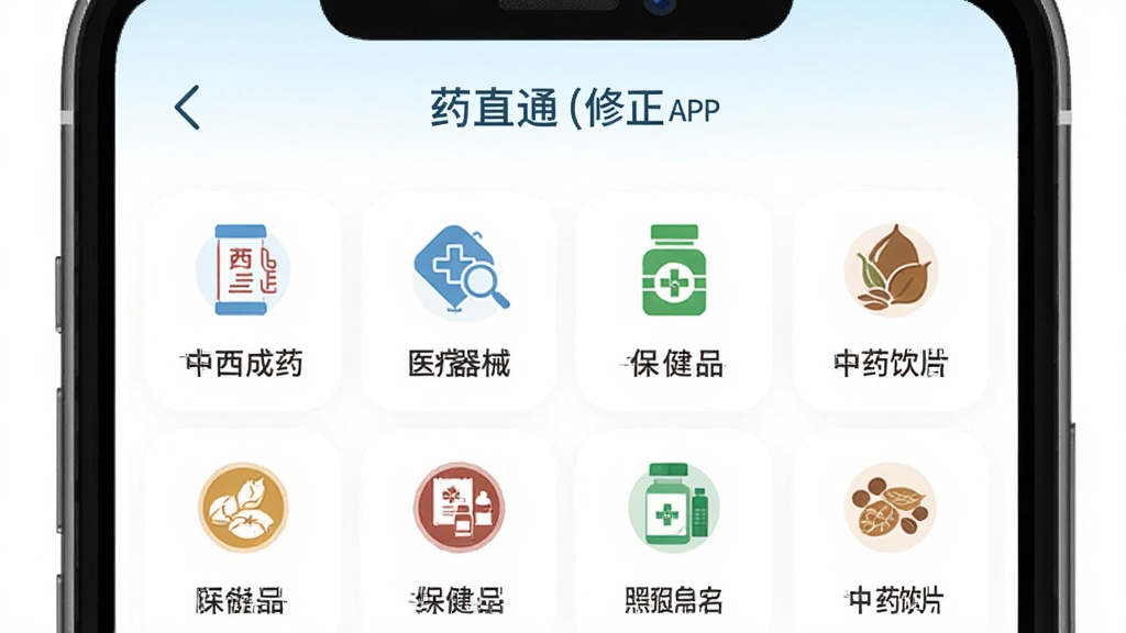 ����Ϊҩֱͨ(����)APP����Ʒ����ҳ�棬��Ļ��չʾ�������ͼ�꣬������������ҩ����ҽ����е��������Ʒ������ҩ��Ƭ���ȣ�����Ϊ����״���У��Ű����룬���Ϊ���±�ƽ�磬ϸ����ÿ��ͼ�����м���ͼ�η��ţ�����Ϊ����ɫ������Ϊ���壬����ɾ��޶���Ԫ��