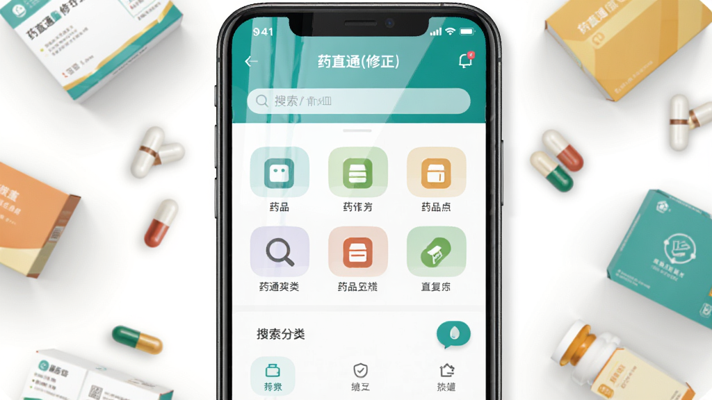 ����Ϊһ�������ֻ�����Ļ��չʾҩֱͨ(����)APP����ҳ���棬��������ҩƷ����ͼ��������򣬲���Ϊ����չʾ�����ܻ��Ƹ���ҩƷ��װ���뽺��ͼ�����Ű������ˣ����Ϊ�ִ���ƽ���Ƽ��磬ϸ�����ֻ���Ļ����΢����Ч��������Ϊ�ɾ��Ĵ���ɫ������Ϊ����4K������ɾ��޶���Ԫ��