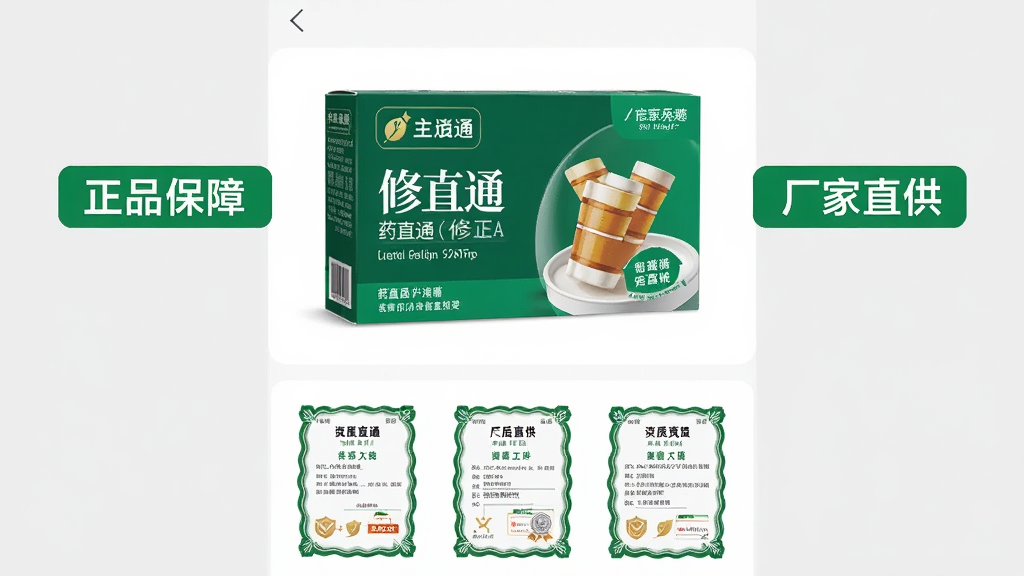 ����Ϊҩֱͨ(����)APP�ڵ�ҩƷ����ҳ�棬ҳ������չʾһ������Ʒ�Ƶ�ҩƷ����Χ�С���Ʒ���ϡ��͡�����ֱ���������ֱ�ǩ������Ϊ���½ṹ���Ϸ�ΪҩƷͼƬ���·�Ϊ����֤��ͼ�꣬�Ű����룬���Ϊ�����Լ�磬ϸ����ҩƷ��װ�����ɼ�������Ϊǳ��ɫ������Ϊ���壬����ɾ��޶���Ԫ��
