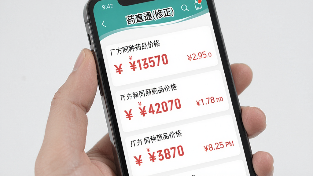 ����Ϊҩֱͨ(����)APP�ļ۸�ԱȽ��棬��Ļ����ʾ���ͬ���ҵ�ͬ��ҩƷ�۸��б����б����С������źͼ۸����֣�����Ϊ�����б����Ű����������Ϊ�ִ����̷磬ϸ���ϼ۸������ú�ɫͻ����ʾ������Ϊ��ɫ������Ϊ���壬����ɾ��޶���Ԫ��
