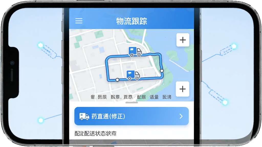 ����Ϊҩֱͨ(����)APP����������ҳ�棬��Ļ����ʾ��ͼ������·�ߣ�·������������ͼ�꣬�·�������״̬���֣�����Ϊ�Ϸ���ͼ�·���Ϣ���Ű���������Ϊ�Ƽ������磬ϸ���ϵ�ͼ�����Ű�ť������Ϊǳ��ɫ������Ϊ���壬����ɾ��޶���Ԫ��