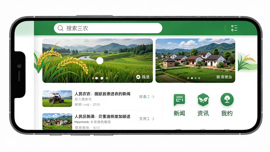 ������ũ һ���ֻ�Ӧ�ý���չʾ������Ϊ��ɫ���ɫ�����ũҵ��ѶAPP��ҳ������Ϊ�������������в��ֲ�ͼչʾũ�����ׯ��⡢�·�Ϊ�����б��͹���ͼ�꣬�Ű���������������ִ���Լ��ϸ�ڰ�������ͼ�ꡢ��������ͼ���ײ������������ʸ��壬����ɾ����޶���Ԫ��
