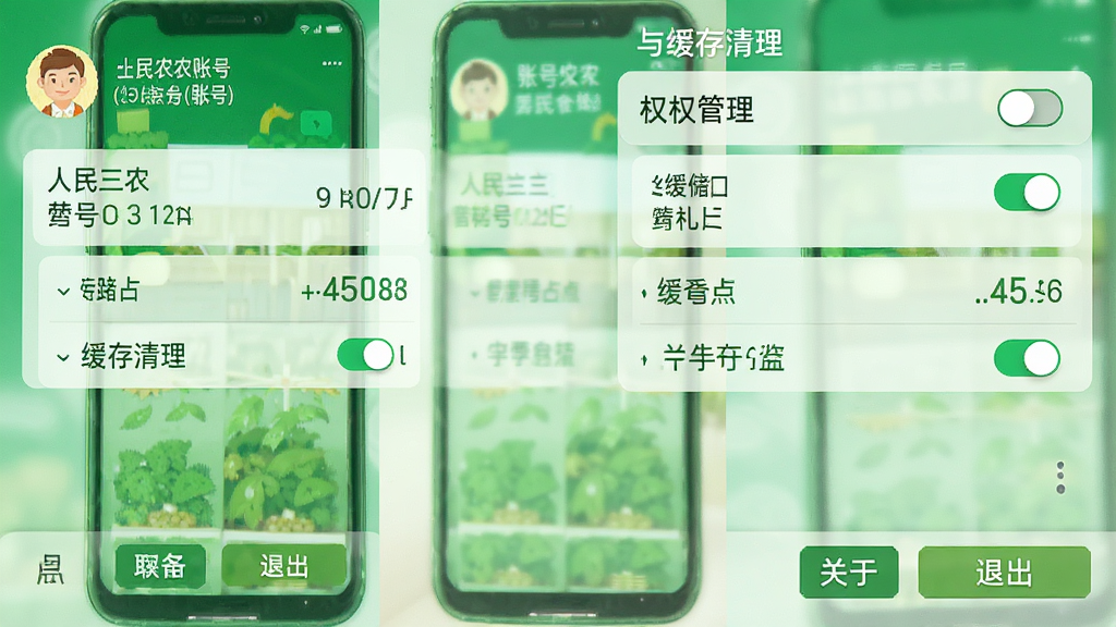 ������ũ �ֻ�Ӧ������ҳ���ͼ������Ϊ��ɫ��APP���棬����Ϊ�����˺���Ϣ���в�Ȩ�޹����뻺������ѡ��ײ��������˳���ť���Ű�����������ʵ�ã�ϸ�ڰ������ذ�ť���洢ռ�����֣���������������ɾ����޶���Ԫ��