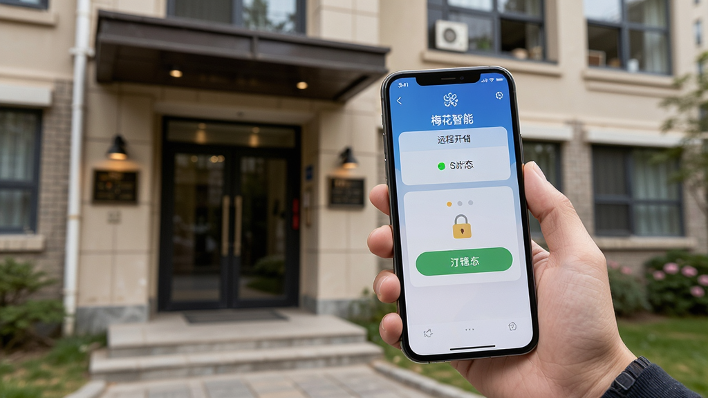 һλ�û��ֳ��ֻ�վ�ڻ��⣬�ֻ���Ļ��ʾ��÷�����ܡ�APP��Զ�̿������棬����Ϊ���й�Ԣ¥�ſڣ���������о���ͼ���Ű����ֻ����ڻ�������ƫ�ң����Ϊдʵ������Ӱ�磬ϸ��ǿ���ֻ���Ļ�ϵĿ�����ť��״ָ̬ʾ�ƣ����ʸ���ɾ��޶���Ԫ��