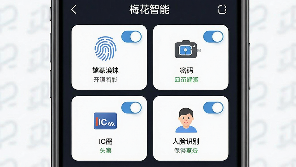 һ��չʾ��÷�����ܡ�APP�ж��ֿ�����ʽ���������ʾ��ͼ������Ϊ�ֻ���Ļ��д����Ļ����ʾָ�ơ����롢IC��������ʶ���ĸ�����ģ��ͼ�꣬����Ϊ2x2�������У����Ϊ�ִ�UI���չʾ��ϸ�ڰ���ÿ��ͼ���ԱߵĿ��ذ�ť��״̬���֣����������ɾ��޶���Ԫ��