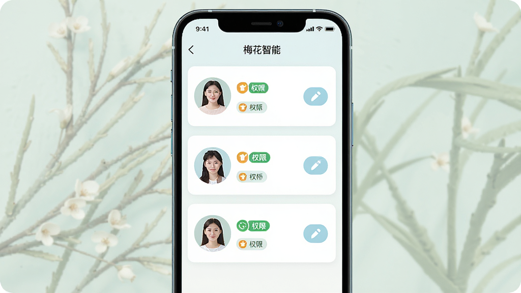 һ��չʾ��÷�����ܡ�APP��ͥ��Ա����ҳ���ʾ��ͼ������Ϊ�ֻ���Ļ����Ļ����ʾ��λ��ͥ��Ա��ͷ���Ȩ�ޱ�ǩ������Ϊ�����б����У����Ϊ����ǳɫUI��ƣ�ϸ�ڰ���ÿλ��Ա�Աߵ�Ȩ��ͼ��ͱ༭��ť�����������ɾ��޶���Ԫ��