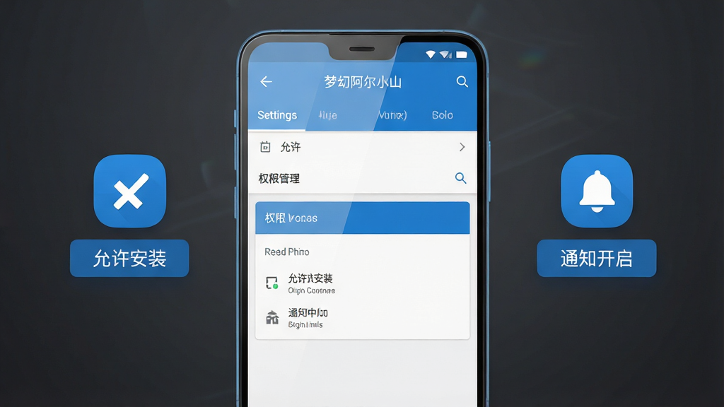 ��������Ϊһ����׿�ֻ���Ļ��д����Ļ����ʾ�λð���ɽӦ�õ����ý�����Ȩ�޹���ҳ�棻����Ϊ�ֻ����С���������ֱ�������ʾ��������װ���롰֪ͨ��������ͼ���ǩ���Ű�Ϊ���жԳ�ʽ�����Ϊ�Ƽ�����ƽ��UI���ϸ�����ֻ���Ļ������΢���⣬����Ϊ���ɫ���䣬ͼ��������ࣻ���ʸ��壬����ɾ����޶���Ԫ�ء�