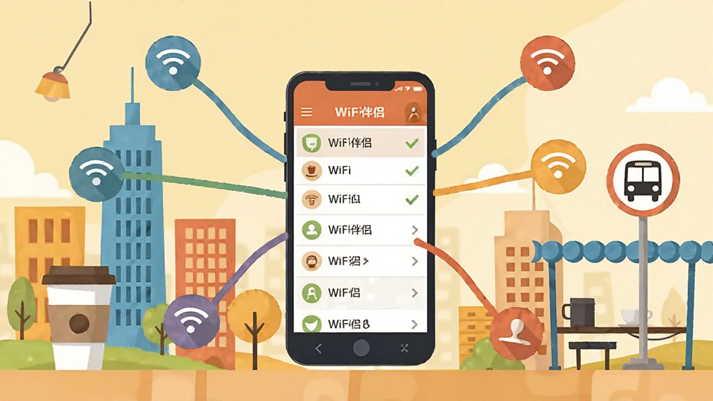 һ��չʾWiFi����ȫ��Կ�������Ƽ����ܵĳ����廭�������������ֻ���Ļ��ʾ�ȵ��б�����Χ�����ų��н��������ȱ�������վ�Ƶ������Ԫ�أ����ֻ���������������ɫ�ź�����������ͬ�ȵ�ͼ�꣬����ɫ��������ů����ͼ����������ƽ���廭��ϸ�ڷḻ�����ʸɾ�������������Ԫ��