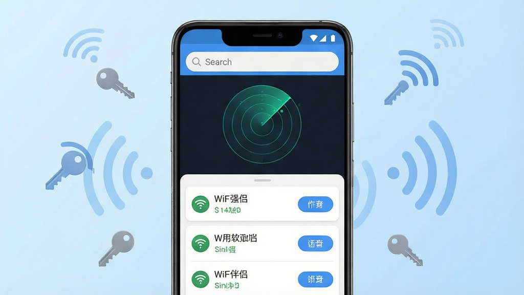 һ��չʾWiFi����ȫ��Կ��������������ֻ�����ͼ������������һ��������׿�ֻ�����Ļ����ʾ������ҳ����������������ź��״ﶯ�����·������Ŷ������WiFi�ȵ��б���ÿ���ȵ��Ա�ע�ź�ǿ�������Ӱ�ť������Ϊǳ��ɫ���䣬��ΧƯ���ż�öС�ɵ�Կ��ͼ����WiFi�źŲ��ƣ���������ˬ��Լ��UI����ִ��ɾ��������������޶���Ԫ��