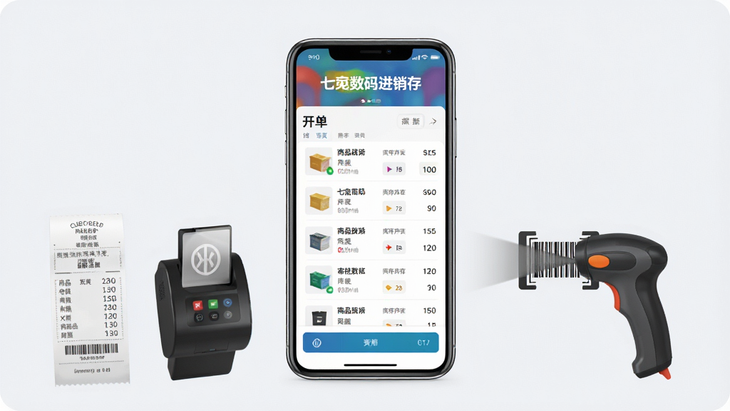 ������һ̨�����ֻ�����Ļ����ʾ��ɫ�׼ҵ����������Ŀ������棬���ֲ��þ��й�ͼ���Ϸ��������������֣��·����ֻ�������СƱ��������ӡ��������ɨ��ǹ��Ԫ����ϣ��Ű��������򣬷��Ϊ�ִ���ƽ���Ƽ��磬ϸ�����ֻ���������չʾ��Ʒ�б��Ϳ�������������ɾ�ǳɫ�����ʸ��壬�ɾ����޶���Ԫ��