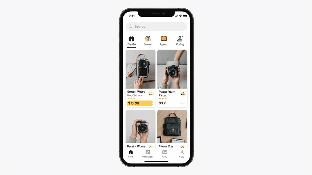 �������ý���ƽ̨APP��ҳ����չʾ������Ϊ�ֻ���Ļ����ʾ������Ʒ��Ϣ���б�������Ϊ�����ֻ�������ͼ���Ű�����չʾ��ƷͼƬ��۸��ǩ�����Ϊ�ִ���ƽ��UI��ƣ�ϸ�ڰ���������������ͼ�ꡢ��Ʒ����ͼ��ײ������������ʸ��壬�ɾ����࣬�޶���Ԫ��