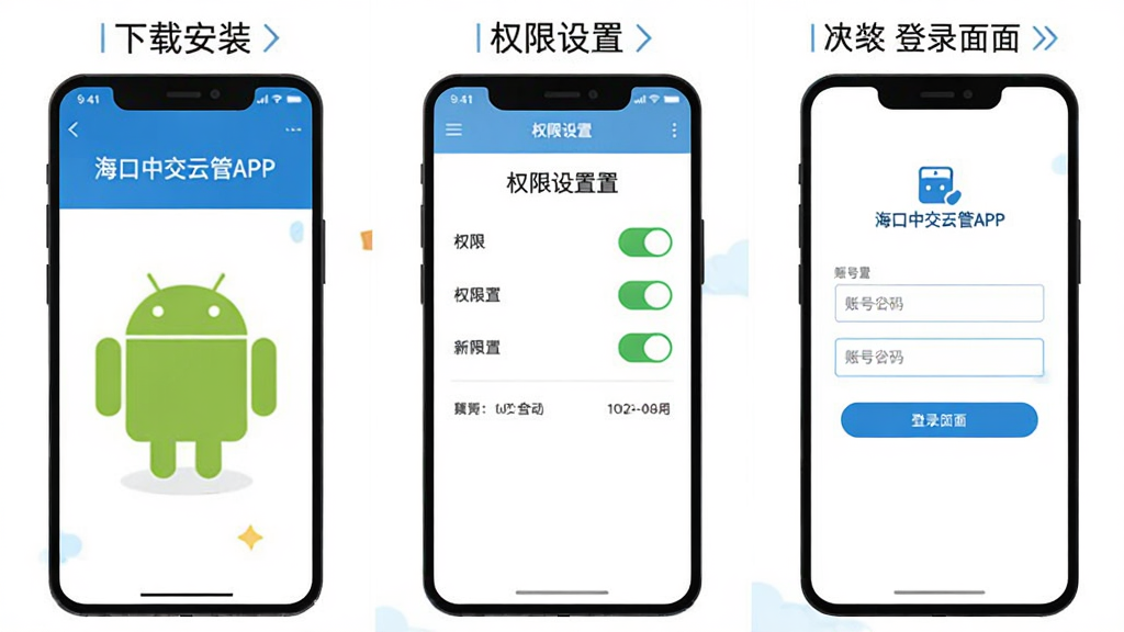 �����Ǻ����н��ƹ�APP��װ��Ȩ�����ò���ָ��ͼ������Ϊ����־��������У��Ű����������Ϊ���ذ�װ����Ȩ������ҳ�桢��¼���棬���Ϊ�̳�ͼ���ƽ�磬ϸ�ڰ�����׿������ͼ�ꡢȨ�޿��ذ�ť���˺�����������Ԫ�أ����������ɾ��޶���Ԫ��