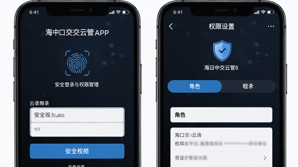 �����Ǻ����н��ƹ�APP��ȫ��¼��Ȩ�޹������棬����Ϊ�ֻ���Ļ��дչʾ��¼ҳ��Ȩ������ҳ���Ű�Ϊ��������ṹ�����Ϊ�Ƽ�����ɫϵ��ƣ�ϸ�ڰ���ָ��ʶ��ͼ�ꡢ���ư�ȫ��ʶ����ɫ�л�ѡ���Ԫ�أ����ʸ���ɾ��޶���Ԫ��