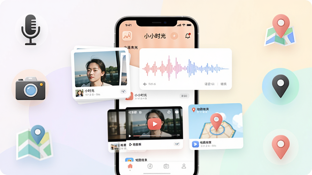 һ��չʾ���ּ�¼��ʽ�����ͼ�����������ǡ�ССʱ�⡱Ӧ�ý��棬������ͬʱչʾ��Ƭ��Ƭ���������ο�Ƭ������Ƶ����ͼ��Ƭ�͵�ͼλ�ñ�ǿ�Ƭ�����ܻ�������˷硢�������ͼ��λͼ���Ԫ�أ������Ű�������£�����ִ���Լ��ɫ��������������ʸ��壬����ɾ����࣬�޶���װ��