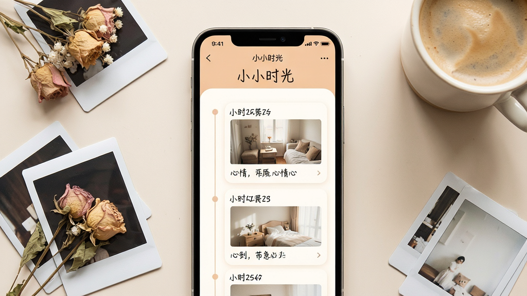 һ����ܰ�������������¼Ӧ�ý���չʾͼ�������������ֻ���Ļ����Ļ����ʾ��ССʱ�⡱Ӧ�õ������棬���������͵�ůɫ�����Ϸ��С�ССʱ�⡱�ĸ��֣��м���ʱ���᲼�ֵ���Ƭ�����ּ�¼��Ƭ����Ƭ������д�����ںͼ���������֣��ֻ���Χɢ������������ֽ���ɻ������ȱ�������С��������岼�ָɾ����࣬����������գ�ϸ�ڷḻ�����ʸ��壬������ͣ��޶�������Ԫ��