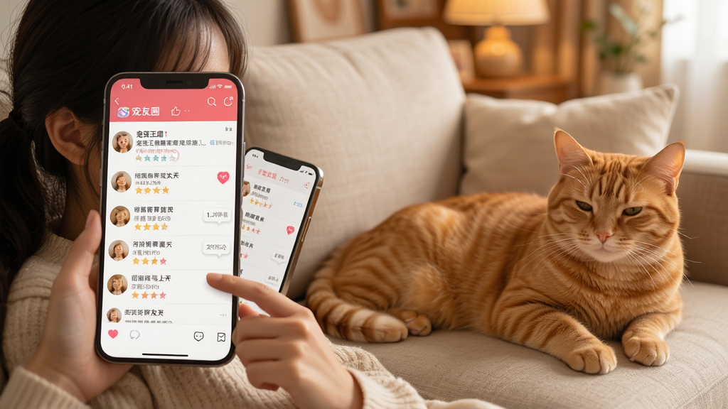 һλ����Ů������ɳ�������ֻ�����谮����APP�ĳ���Ȧҳ�棬����ſ��һֻ�������è��������ůɫ���Ŀ���������Ϊ�������ֻ���Ļ��������������Ҳ�è���Ű���Ȼ�������ܰ�����ϸ�ڰ��������б�������ͼ�ꡢ�������ݣ����ʸ��壬�ɾ����޶���Ԫ��