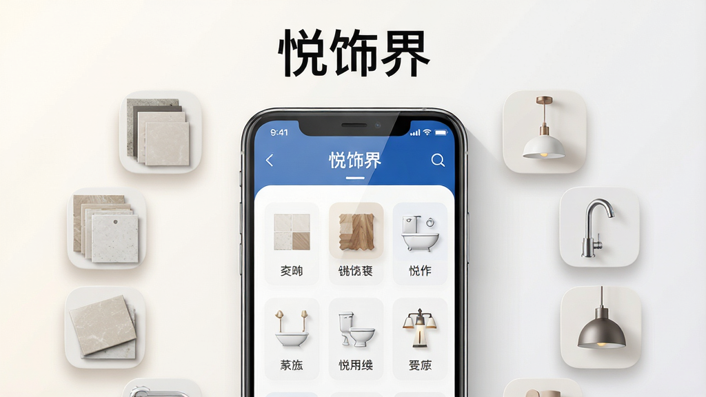 ����������һ�������ֻ�����Ļ����ʾ�����ν�APP����ҳ���棬�����а�����ש���ذ塢��ԡ���ƾߵȼҾӽ��ķ���ͼ�꣬�ֻ���Χ�����Ÿ��ּҾӽ��Ĳ�Ʒ��3D��ȾСͼ�����ש���塢ˮ��ͷ�����Ƶȡ����ֲ��þ��й�ͼ���ֻ�λ�ڻ��������룬��ƷСͼ�Ի���Χ���ֻ��ֲ����Ű����������Ϸ����״����á����ν硱���������֡�������Ϊ�ִ���Լ�Ƽ��У�ɫ����ů�ס�ǳ�Һ�Ʒ����Ϊ����ϸ�����ֻ���Ļ����΢���⣬��Ʒͼ�����ϸ�����Ӱ������Ϊ4K���壬����ɾ����޶���Ԫ�ء�