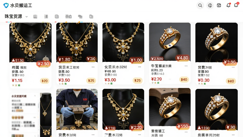 ����������ˮ�����˹������е��鱦��Դ�б�ҳ�棬չʾ�Ÿ��ֻƽ������ͽ�ָ������ͼ�����ֲ����ٲ���ʽ���У�ͼƬ���뻮һ���Ű���ͻ����ƷͼƬ�ͼ۸��ǩ������Ǽ��ĵ����б����ϸ����ͼƬ�������Ա��й��ѱ�ע�������������ɾ����޶���Ԫ�ء�