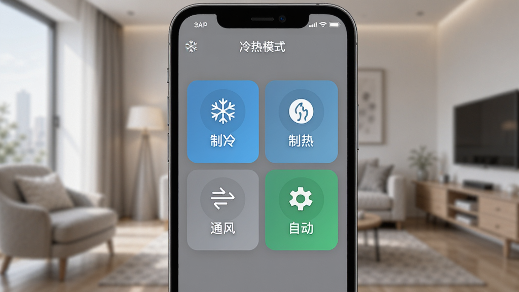 ����ͨģʽ�л���������ͼ���ֻ���Ļչʾ����ͨAPP��ģʽѡ����壬�������䡢���ȡ�ͨ�硢�Զ��ĸ���ť������Ϊģ�������ڻ���������Լ�ִ���ϸ�ڰ���ͼ��͵�ǰģʽ����״̬�������������ɾ��޶���Ԫ�ء�