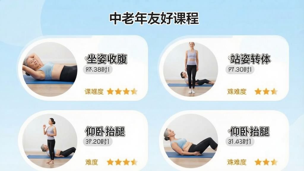 �ֻ�Ӧ�ý�ͼչʾ���ݶ��ӡ��γ��б�ҳ�棬����Ϊ���������Ѻÿγ̡������������Ƕ��Բ�ογ̿�Ƭ����Ƭ�Ϸֱ�д�š������ո�����վ��ת�塱������̧�ȡ�������Ϊ����ɫ���䣬����Ϊ�����������У��������ˬ��ϸ�ڰ����γ�ʱ����ǩ���Ѷ��Ǽ������������ɾ����޶���Ԫ�ء�