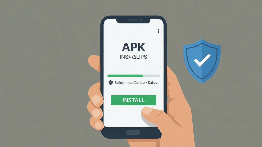 һ��չʾ�ֻ���װӦ�ù��̵�ͼƬ��������һֻ�������ֻ�����Ļ��ʾ APK ��װ���棬�Ա��ж���ͼ�������ȫ������Ϊ��ɫ������Ϊ�ֻ��밲װ��ť�����־��У��Ű��࣬���Ϊ��ƽ���廭��ϸ�ڰ��������İ�װ�������밲ȫ��ʾ�����ʸ��壬�ɾ����޶���Ԫ��