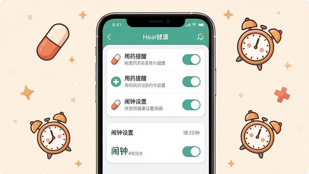 һ�� Heal ���� Ӧ�õ��������ý���ͼƬ���ֻ���Ļ��ʾ��ҩ�����б�����������ѡ��������п�ͨ����ҩ��������ͼ��Ư�����ֻ���Χ������Ϊ�ֻ����棬���־��У��Ű����룬���Ϊ��ܰ�Ѻõ�ҽ�ƽ����� UI ��ƣ�ϸ�ڰ������������ֱ�ǩ�뿪�ذ�ť�����ʸ��壬�ɾ����޶���Ԫ��