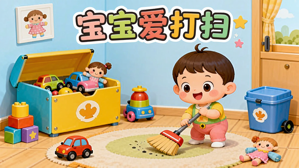 ��ͨ���Ķ�ͯ���䳡������������һ���ɰ��ı�����ɫ������ɨ����ɨ�ذ壬�Ա�������������Ͱ��������ȫ���ӽǣ��Ű��Ϸ��С���������ɨ�����ֱ�ʶ�����Ϊ�������õĶ�ͯ�廭��ϸ�ڰ�����ɫ��ľ��С�����������޵���ߣ������������ɾ����޶���Ԫ��