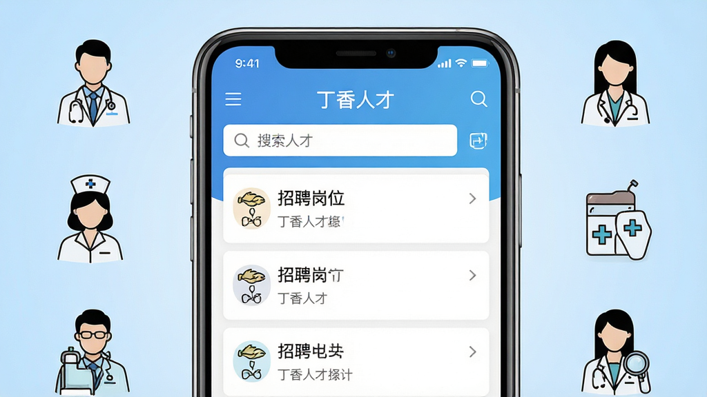 һ��չʾ�������˲š�App���Ľ�����ֻ�Ԥ��ͼ������������һ�������ֻ�����Ļ��ʾ��Ƹ��λ�б���������������Ϊ�ɾ���ǳ��ɫ���䣬��Χ����ҽ������ʿ��ҩʦ��ְҵ�����ʻ�ͼ�꣬��������רҵ���Ű���жԳƣ�ϸ�����������ʸ��壬����ɾ��޶���Ԫ��