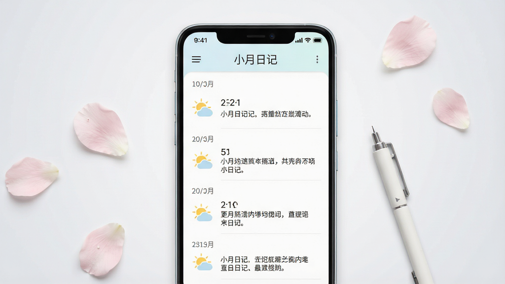 һ��չʾС���ռ��ֻ�Ӧ���������ͼƬ������������һ��������׿�ֻ�����Ļ����ʾС���ռǵ��ռ��б�ҳ�棬����Ϊǳɫ���·�񣬶����С�С���ռǡ��������б��������ڡ�����ͼ��ͼ������ժҪ������Ϊ�ɾ���ǳ�ҽ��䣬�ֻ���Χɢ�伸Ƭ����ɫ�����һ֧��Լ��д�ʡ������������죬ϸ�����������ʸ��壬����ɾ��޶���Ԫ�ء�