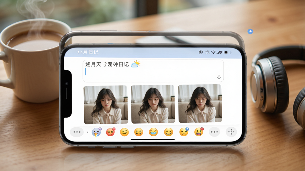 С���ռ�Ӧ���ڱ༭�ռǵĽ����ͼ���ͼƬ��������һ���ֻ�����չʾ����Ļ���������������Ѳ����������Ƭ����ͼ���·���һ���������ͼ�꣬������ʾ��С���ռǡ������͵�������ͼ�ꡣ����Ϊľ�����棬�Ա߷���һ��������һ����������Χ��ܰ�����ʸ��壬ϸ�ڷḻ������ɾ���