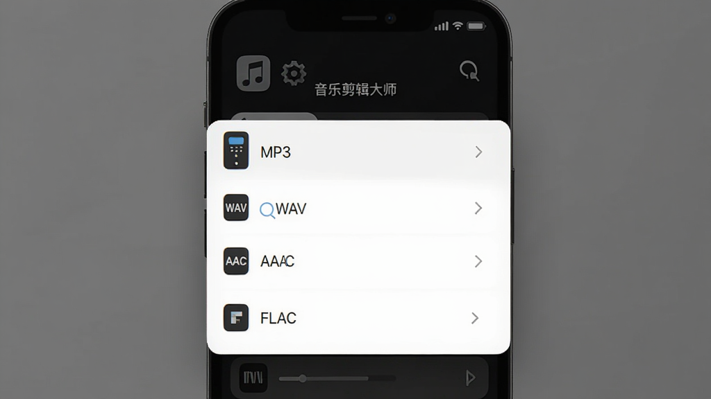 音乐剪辑大师应用界面展示格式选择弹窗,列表中有MP3、WAV、AAC、FLAC等格式选项,背景是手机深色界面,图标简洁明了,画面干净整洁,高清画质