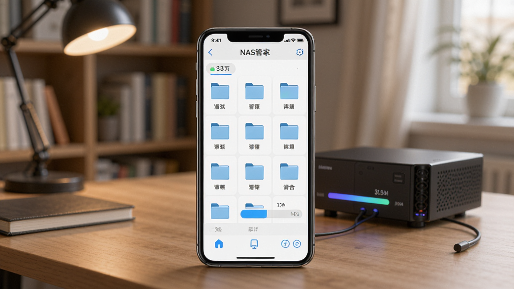 һ��չʾNAS�ܼ��ֻ�Ӧ���������ͼƬ������������һ�������ֻ�����Ļ����ʾNAS�ܼ�App���ļ��������棬��������ܰ�ļ�ͥ�鷿��������������һ̨NAS�豸�������У����岼�ּ�����������Ϊ�ִ��Ƽ���дʵ�磬ϸ�ڰ����ֻ���Ļ�ϵ��ļ�ͼ�ꡢ�洢��������������ť�����ʸ��壬�ɾ����޶���Ԫ��