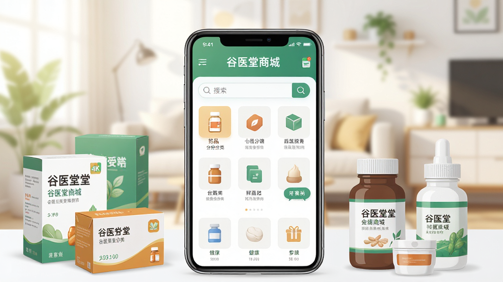 ����������һ�������ֻ����ֻ���Ļ����ʾ�š���ҽ���̳ǡ�APP����ҳ���棬�����а���ҩƷ����ͼ������������ֻ���Χ�����Ÿ���ҩƷ��װ�кͽ�����Ʒ�������������ľӼһ��������岼�ֲ��þ��й�ͼ�����Ϊ�ִ���ƽ���廭��ϸ����ͻ���ֻ���Ļ�ĸ����ʸк�ҩƷ��װ���������֣�����Ϊ4K���壬����ɾ����࣬�޶���Ԫ��