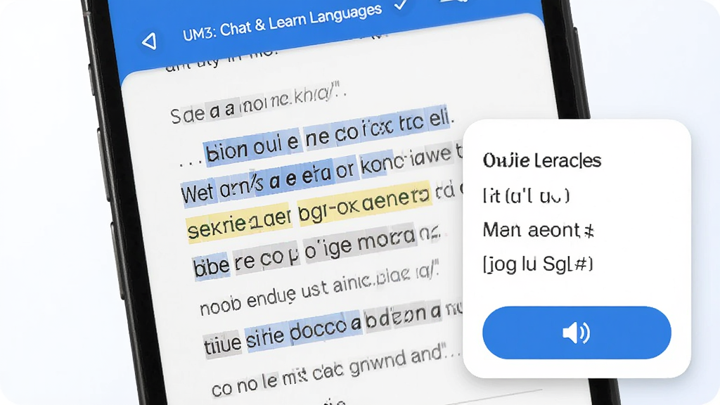 UM3: Chat & Learn Languages Ӧ���ڵ�ѧϰ�������ܽ��棬�ֻ���Ļ��д����Ļ����ʾһ������Ի��������ص㵥�ʱ�������ʾ���Աߵ������뿨Ƭ�ͷ�����ť��������Ƽ��ֱ�ۣ�ɫ������ɫ�Ͱ�ɫΪ���������������ɾ���ˬ