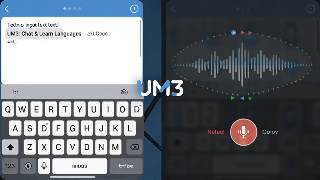 չʾ UM3: Chat & Learn Languages �����������л����ܵĳ���ͼ�����ҷ�����ƣ���������������ͼ��̣��ұ�������¼�ư�ť������ͼ�����м��� UM3 �� Logo ���ӣ�����Լ���񣬻��ʾ�ϸ���޶���Ԫ��