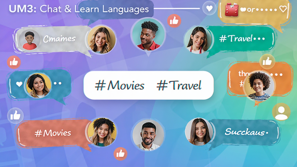 UM3: Chat & Learn Languages ����Ȥ�������棬����չʾ����û�ͷ��Χ��һ�����Ļ����ǩ���� #Movies��#Travel��չ�����ۣ������Ƕ�ʵĶԻ����ݺ͵���ͼ�꣬�������罻����������������������