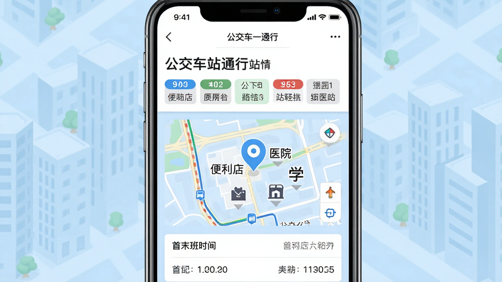 ����Ϊ�ֻ���Ļ������棬��ʾ��������һͨ�С�վ������ҳ��ҳ�涥����վ�����ƺ�;����·�б����в����ܱߵ�ͼ����ͼ����ע�����ꡢҽԺ��ѧУ��ͼ�꣬�ײ�����ĩ��ʱ����������ǵ���ɫ���н���������Ϊ���½ṹ�����Ϊ��ˬ��Ϣͼ���ϸ����վ�㶨λ���ݡ���·��ű�ǩ�������������ɾ����޶���Ԫ��