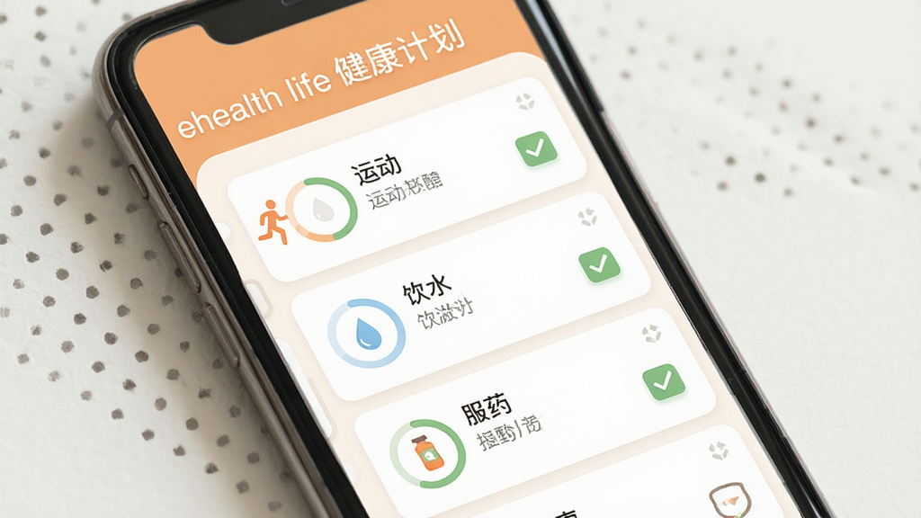 һ��չʾ ehealth life ���Ի������ƻ����ܵĽ���ͼ������Ϊ�ֻ���Ļ������Ϊ��Ƭʽ�����б��������˶�����ˮ����ҩ����������Ϊ��ܰ����磬ϸ�ڰ�����͵ĳ�ɫ����ɫ���䡢����Բ������ѡ��ͼ�꣬���ʸ��壬�ɾ����޶���Ԫ�أ�ͼƬ����������Ϊ