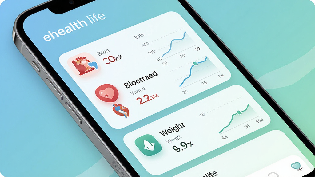 һ��չʾ ehealth life ����������ֻ�����ͼ������Ϊһ���ִ������ֻ�����Ļ��ʾ���������Ǳ��̣�����Ѫѹ��Ѫ�ǡ����صȿ�Ƭʽ����ģ�飬���ֲ������¹���ʽ��Ϣ�����Ű��������࣬���Ϊ�ִ���Լҽ�Ʒ磬ϸ�ڰ�����͵�����ɫ���䱳����Բ��ͼ�ꡢ��������Сͼ�������ʸ��壬�ɾ����޶���Ԫ�أ�ͼƬ����������Ϊ