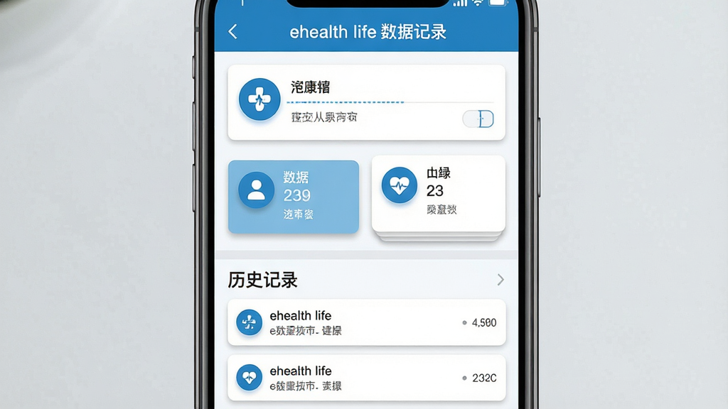 һ��չʾ ehealth life �������ݼ�¼���ܵĽ����ͼ������Ϊ�ֻ���Ļ�����ַ�Ϊ���������֣��ϰ벿��Ϊ��������������°벿��Ϊ��ʷ��¼�б������Ϊ��ˬҽ�Ʒ磬ϸ�ڰ�����ɫ��ɫ����Բ��ͼ�ꡢ���ݿ�Ƭ��Ӱ�����ʸ��壬�ɾ����޶���Ԫ�أ�ͼƬ����������Ϊ
