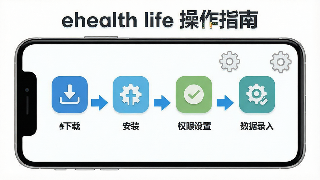 һ��չʾ ehealth life �ƶ��˲��������ʾ��ͼ������Ϊ�ֻ���Ļ������Ϊ�ֲ�����ָ�����������ء���װ��Ȩ�����á�����¼���ĸ�����ͼ�꣬���Ϊ��ƽ���̷̳磬ϸ�ڰ�����ɫ��ͷ�������ֻ����������ó���ͼ�꣬���ʸ��壬�ɾ����޶���Ԫ�أ�ͼƬ����������Ϊ