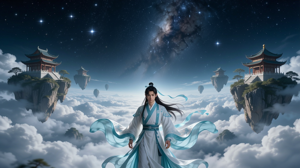 主体为一位身着飘逸青白色长袍的年轻修仙者,背景是浩瀚无垠的星空与翻涌的云海,远处悬浮着几座古色古香的仙山楼阁,布局采用中心对称构图,人物位于画面正下方三分之一处,上方留白展现深邃天穹,排版疏朗大气,风格为东方玄幻国风插画,细节上注重衣袂飘动、星光点点、云雾缭绕的层次感,画质为4K超清,画面干净,无多余元素,整体呈现出“天穹骄子”的恢弘仙侠氛围
