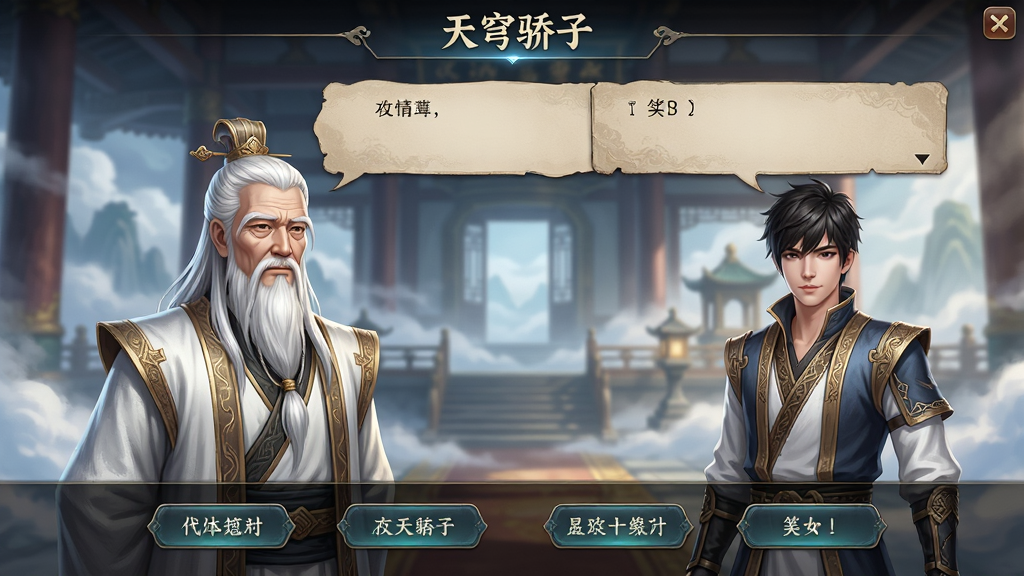 画面中央是“天穹骄子”游戏中的剧情对话界面,左侧是一位白发仙风道骨的老者NPC,右侧是用户角色,背景为云雾缭绕的仙门大殿,布局采用经典对话分镜,排版清晰,上方为对话气泡,下方为选项按钮,风格为国风游戏UI,细节上注重人物表情与服饰纹理,画质高清,干净无杂物,整体突出沉浸式剧情体验