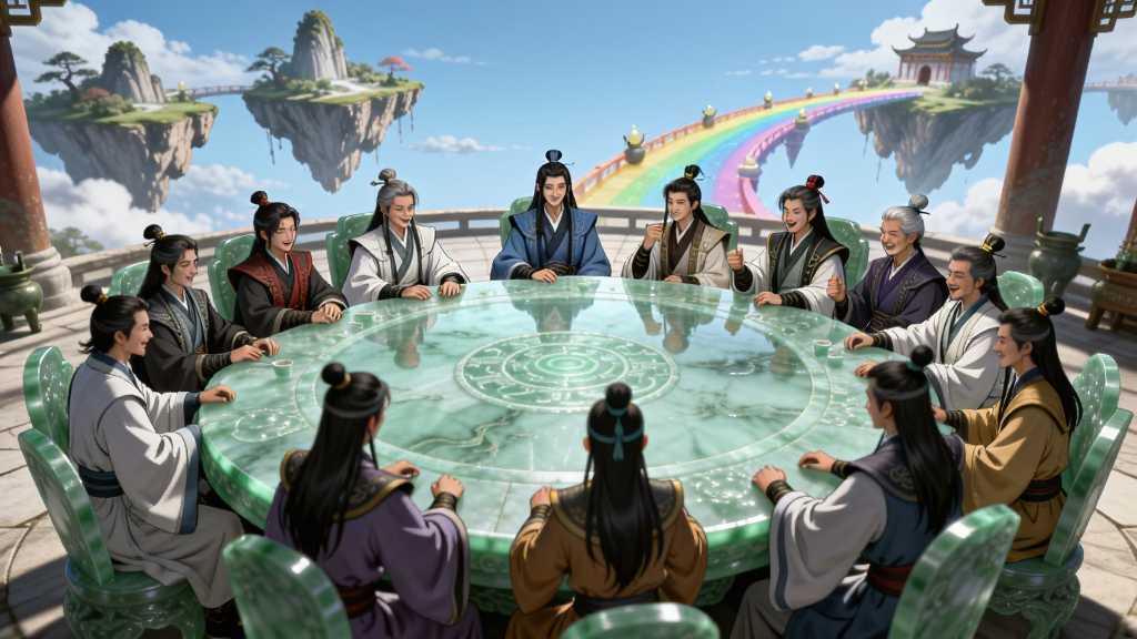 画面描绘“天穹骄子”游戏中的宗门聚会场景,多位身着不同颜色道袍的修仙者围坐在一张巨大的玉桌旁,背景是悬浮的仙岛与彩虹桥,布局采用环形构图,排版突出人物互动,风格为国风社交场景插画,细节上注重每个人物的动作与表情,画质为4K超清,画面干净,无多余元素,体现多人社交互动的热闹氛围