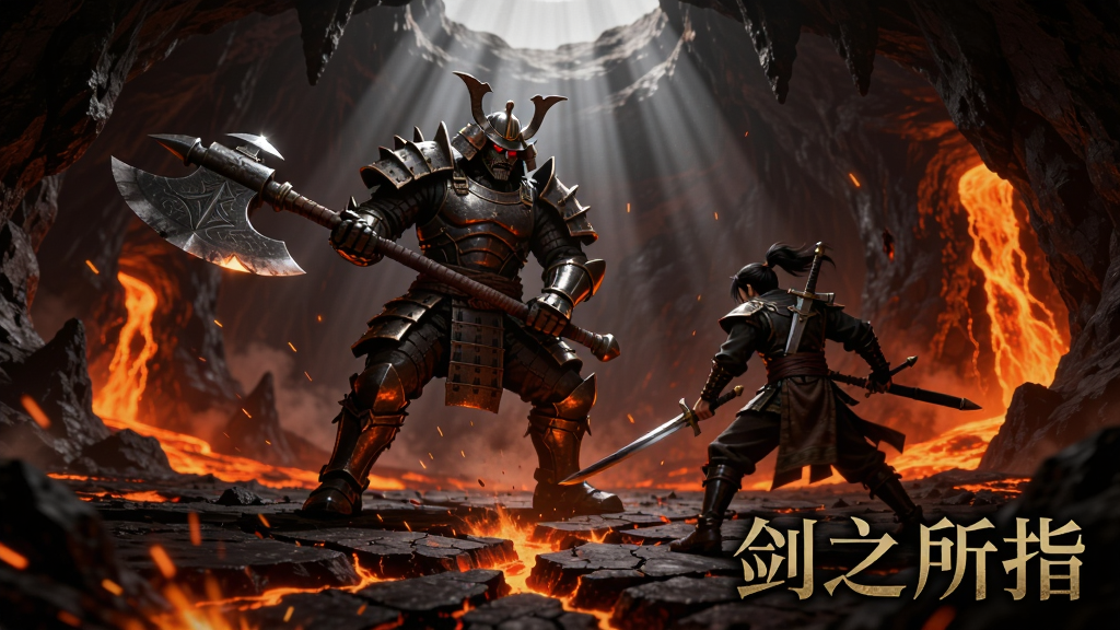 一位巨型铠甲武士手持巨斧站在熔岩洞穴中央,对面一位剑客摆出迎战姿态,地面有裂纹与火星飞溅,画面采用广角构图,光影从洞穴顶部射入,整体氛围紧张激烈,画面右下角用暗金色字体标注“剑之所指”,风格为暗黑奇幻,高清画质,无多余元素