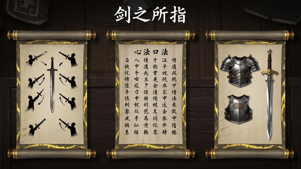 画面展示三个并排的卷轴界面,左侧卷轴绘制剑招图谱,中间卷轴书写心法口诀,右侧卷轴陈列盔甲与长剑,整体布局对称,背景为深色木质桌面,卷轴边缘有金色镶边,顶部用白色字体写“剑之所指”,风格古朴典雅,画质清晰,无多余元素