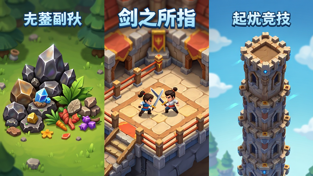 画面分为三个区域,左侧为矿石与草药堆叠的材料副本入口,中间为两名剑客对战的竞技场擂台,右侧为高耸入云的无尽塔,整体采用等距视角,色彩明亮,每个区域上方用蓝色字体标注对应玩法名称,画面顶部中央写“剑之所指”,风格为卡通渲染,干净整洁,高清画质